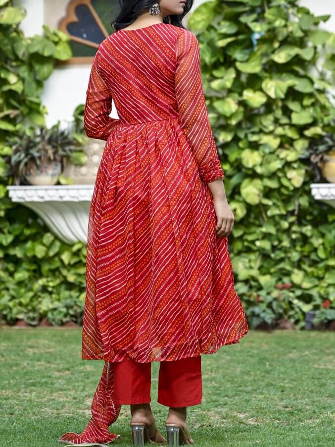 Red Chiffon Leheriya Print Alia Cut Anarkali Suit Set