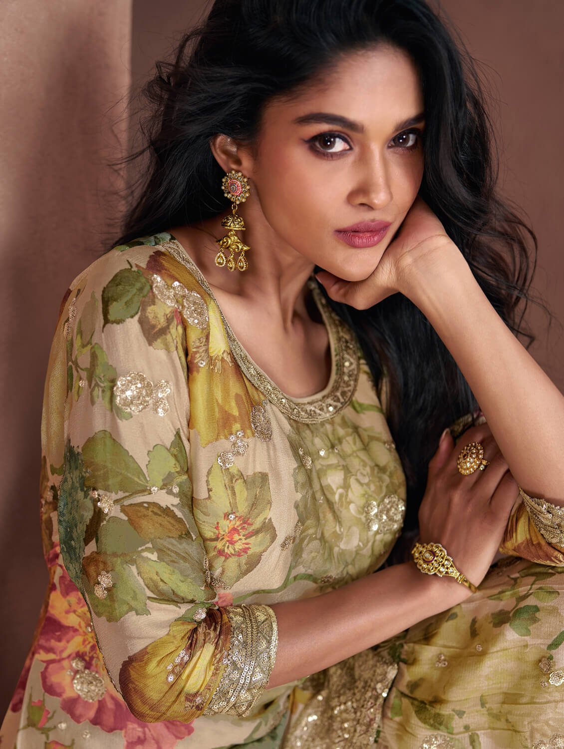 Step Into Elegance with Beige Georgette Embroidered Palazzo Suit Set image 2