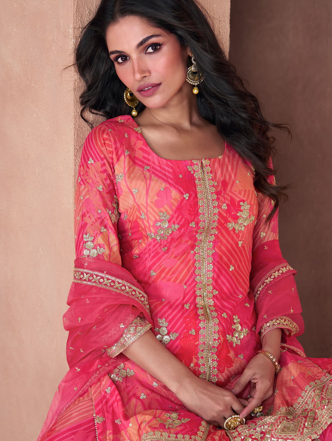 Gild Your Glamour with Pink Georgette Embroidered Palazzo Suit Set image 3