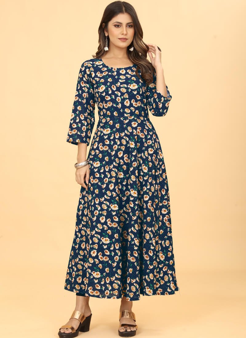 Get Stylish with Navy Blue Georgette Floral Printed Dress image 2