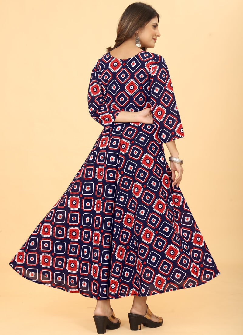 Elevate Your Look with Navy Blue Georgette Geometric Printed Dress image 3