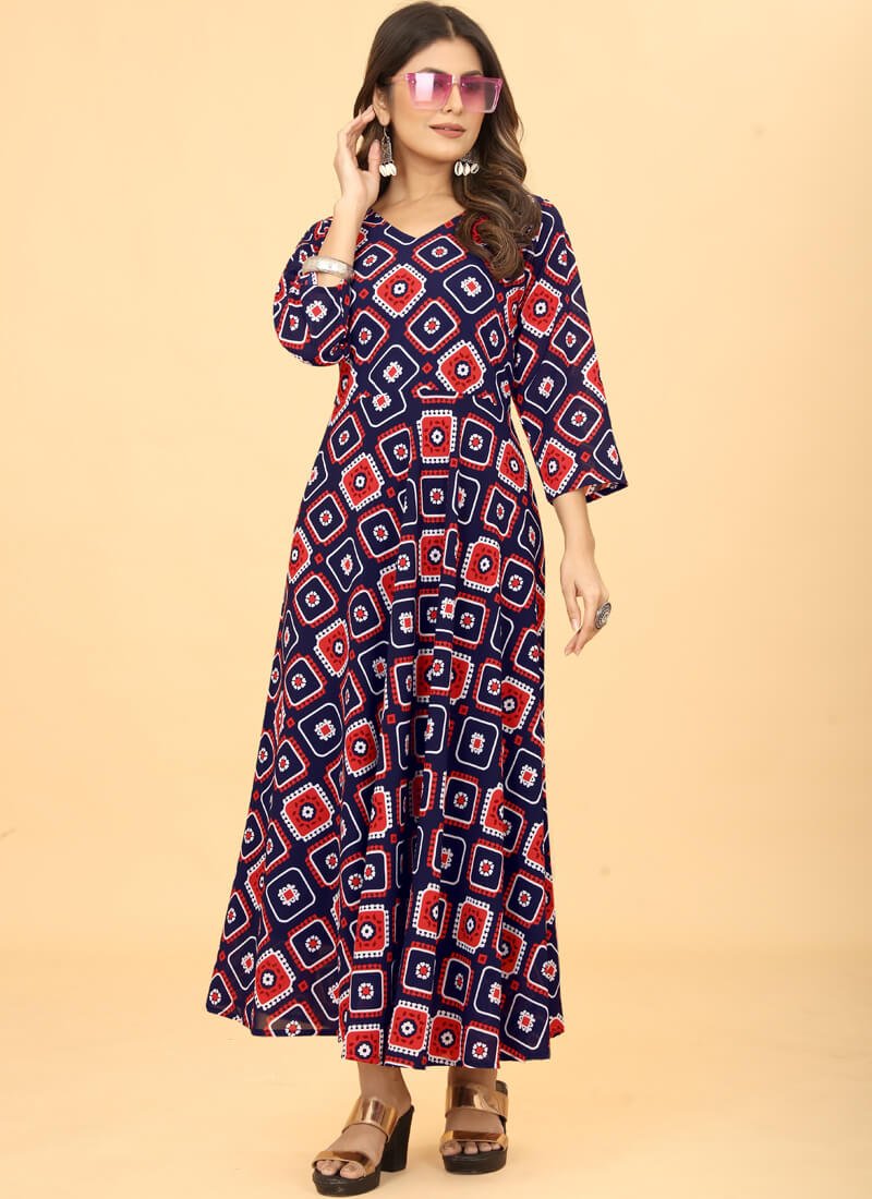 Elevate Your Look with Navy Blue Georgette Geometric Printed Dress image 2