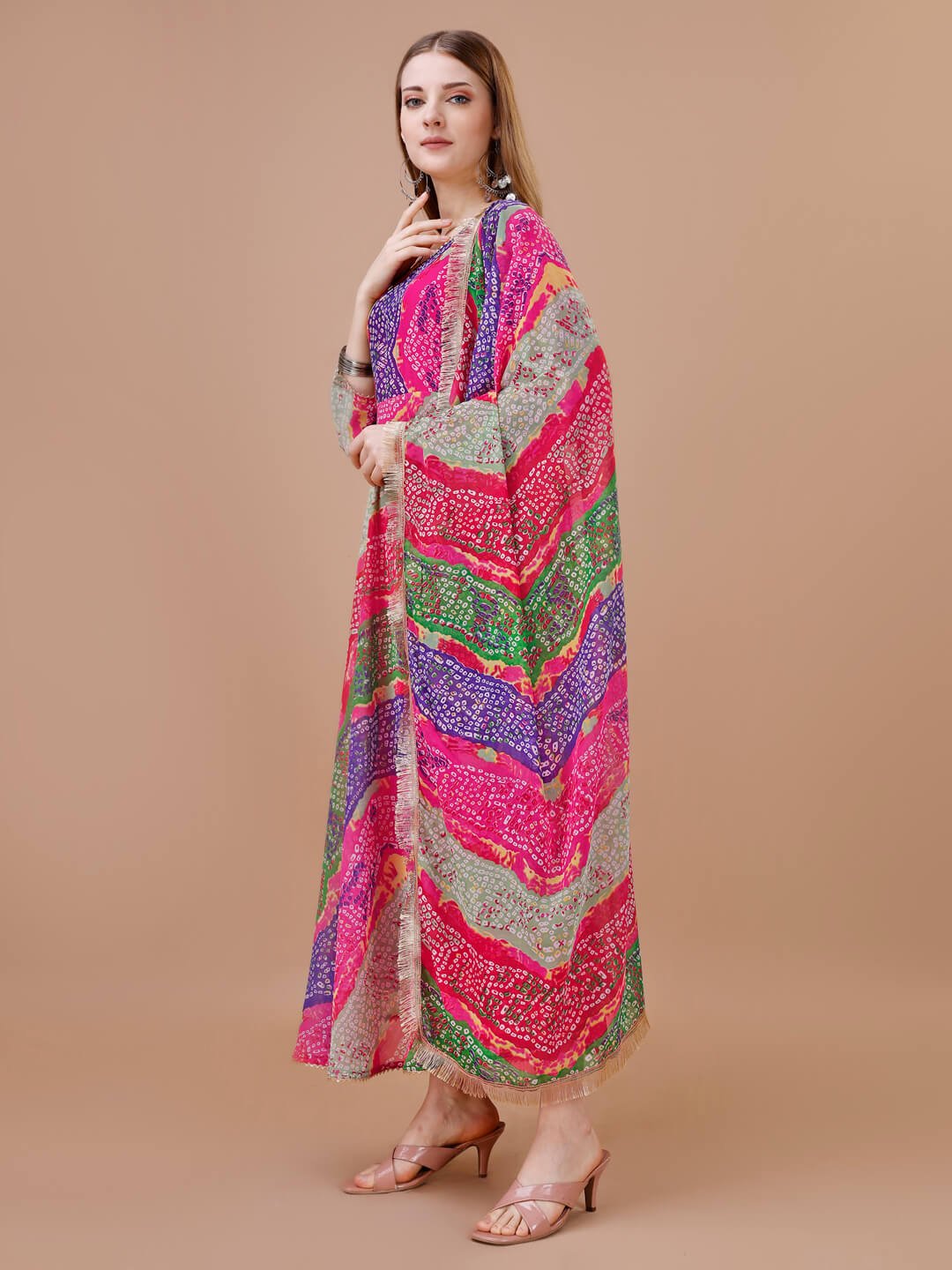 Gild Your Glamour with Multicolor Georgette Bandhej Print Anarkali Kurta With Dupatta image 2