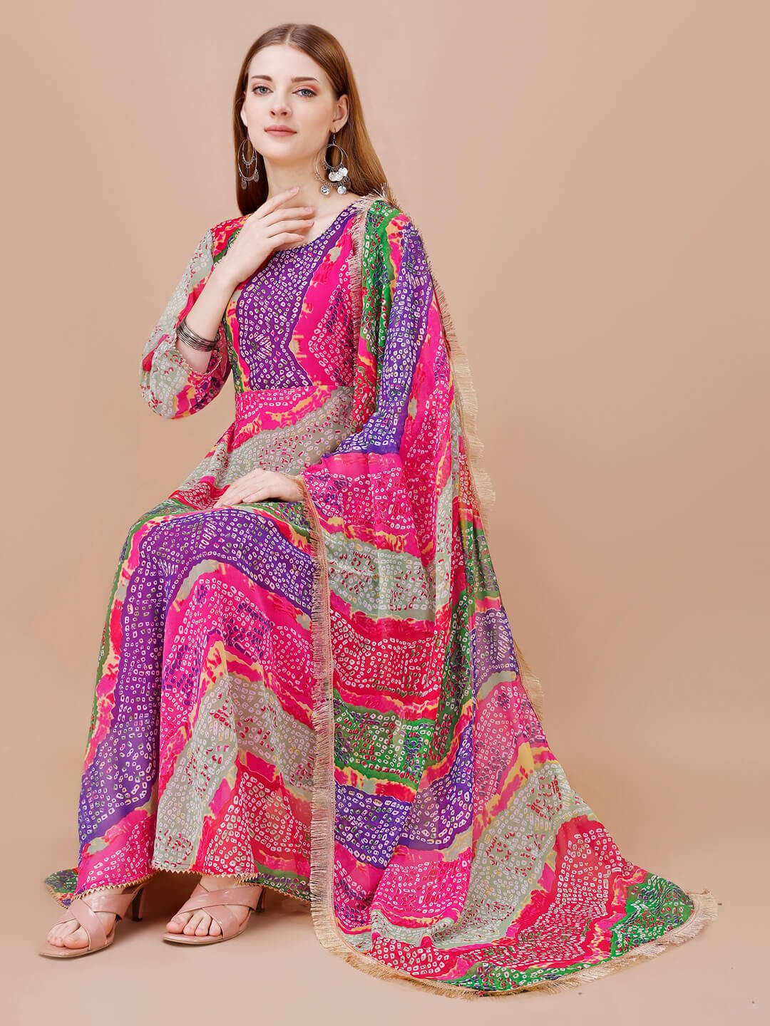 Gild Your Glamour with Multicolor Georgette Bandhej Print Anarkali Kurta With Dupatta image 4