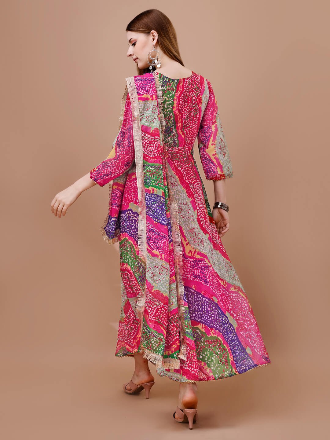 Gild Your Glamour with Multicolor Georgette Bandhej Print Anarkali Kurta With Dupatta image 3