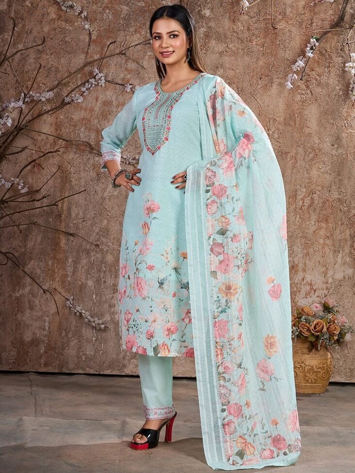 Style It Up with Sky Blue Linen Cotton Floral Printed Straight Kurta With Pant And Dupatta image 2