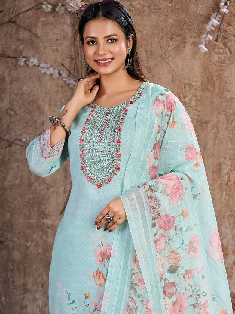Style It Up with Sky Blue Linen Cotton Floral Printed Straight Kurta With Pant And Dupatta image 3