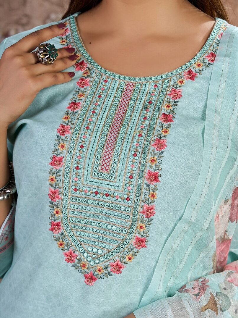 Style It Up with Sky Blue Linen Cotton Floral Printed Straight Kurta With Pant And Dupatta image 4