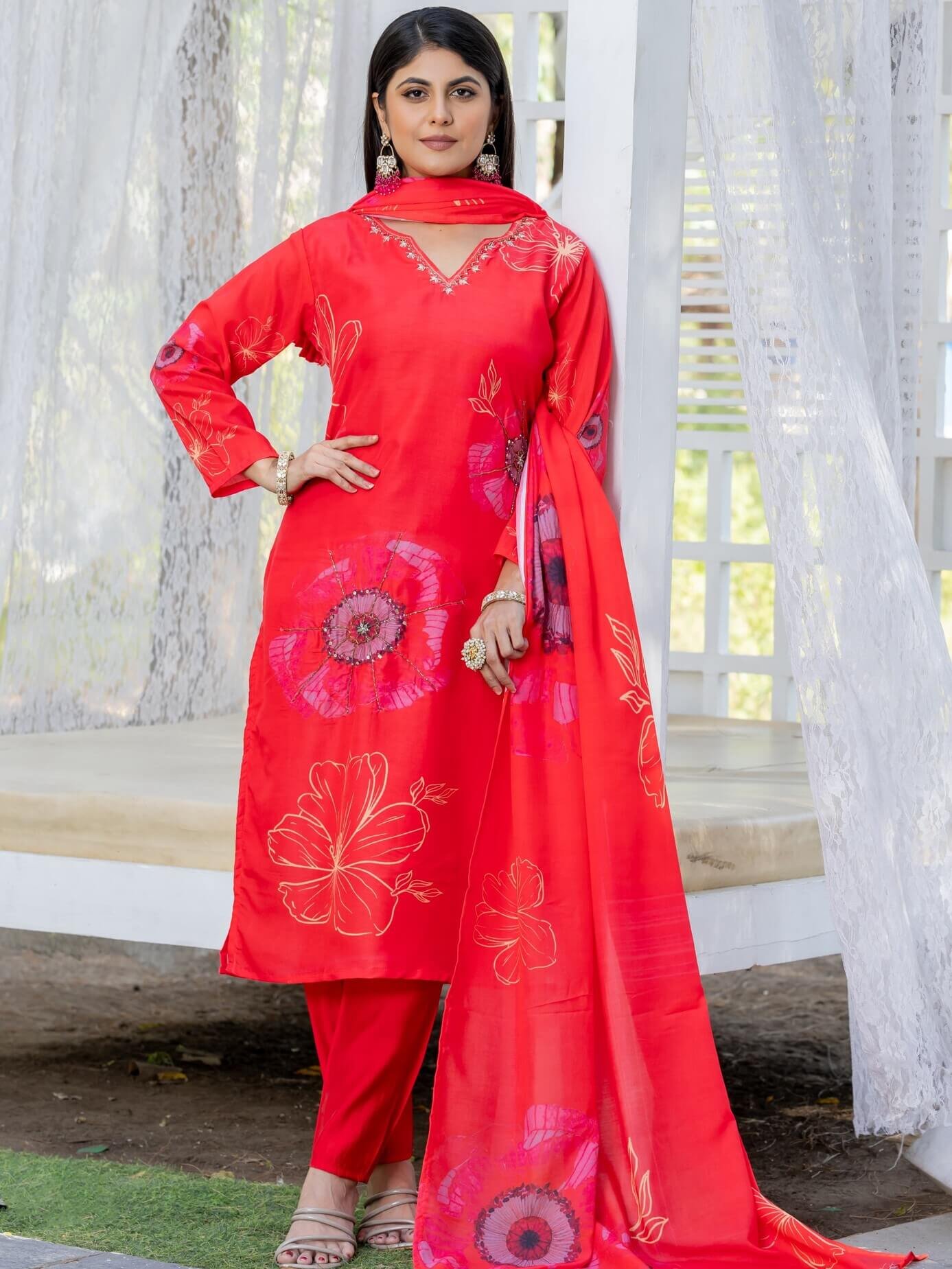 Get Your Glam On with Red Muslin Silk Floral Printed Kurti With Pant And Dupatta image 2