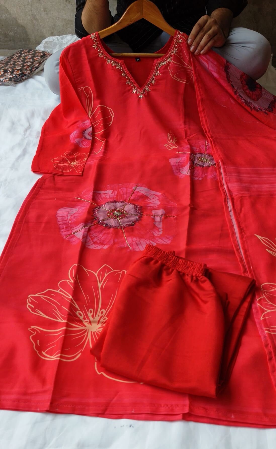 Get Your Glam On with Red Muslin Silk Floral Printed Kurti With Pant And Dupatta image 4