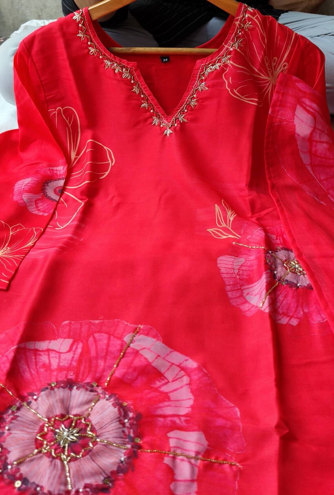 Get Your Glam On with Red Muslin Silk Floral Printed Kurti With Pant And Dupatta image 3