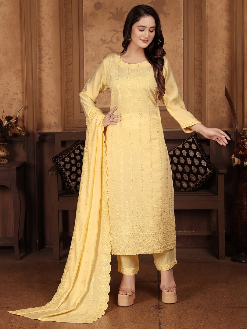 Step Into Fabulous with Yellow Chanderi Embroidered Suit Set image 2