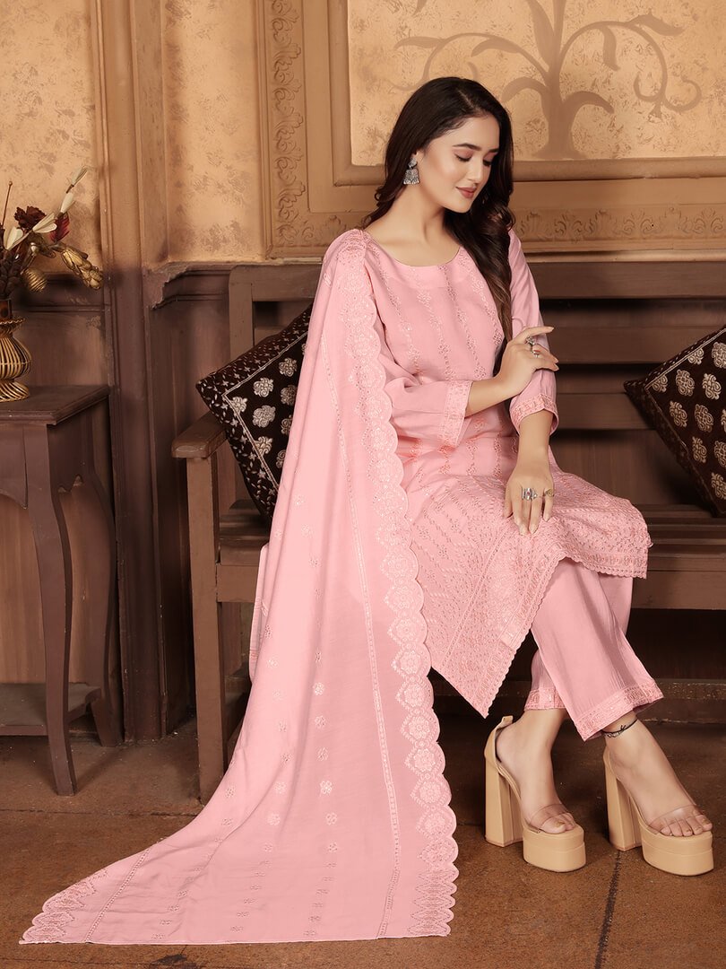 Step Into Elegance with Peach Chanderi Embroidered Suit Set image 2