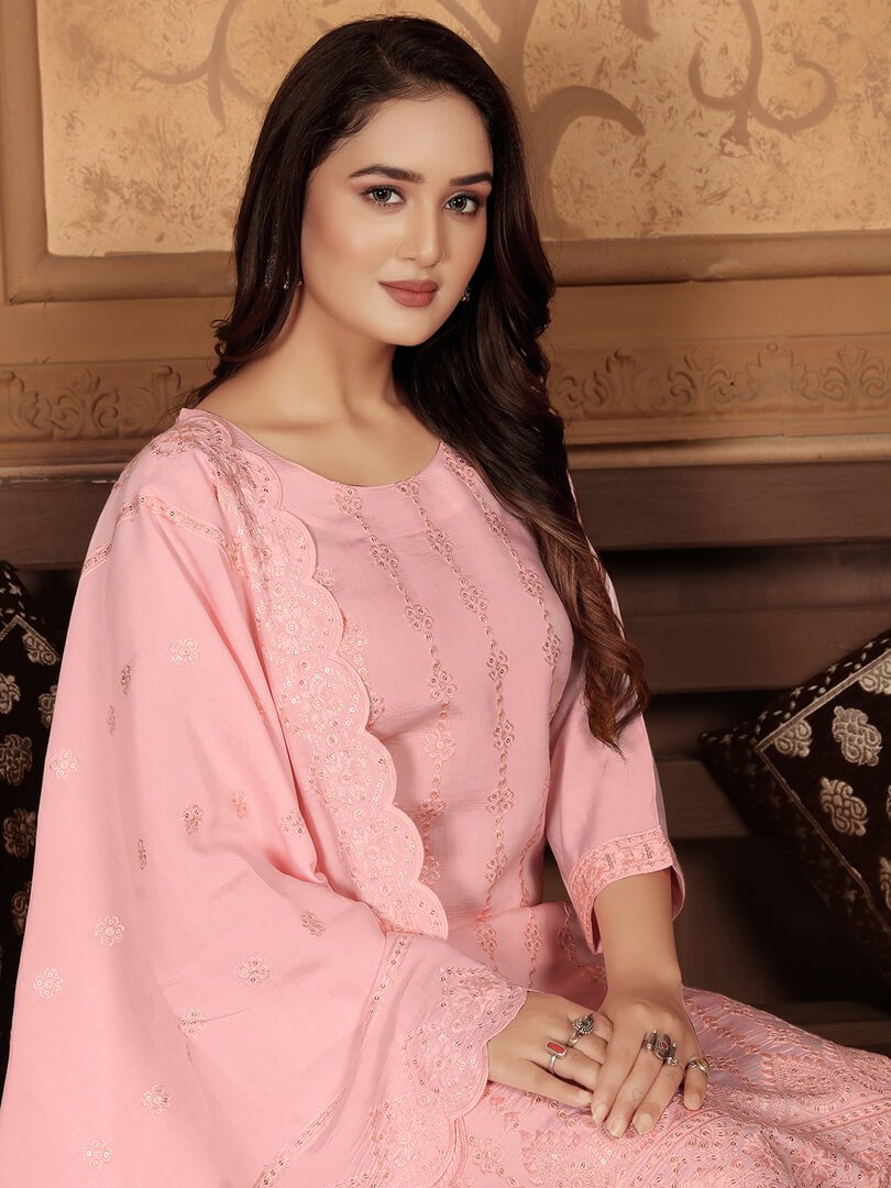 Step Into Elegance with Peach Chanderi Embroidered Suit Set image 3