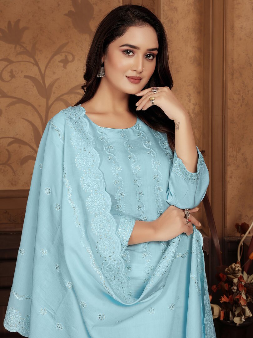 Gild Your Glamour with Sky Blue Chanderi Embroidered Suit Set image 3