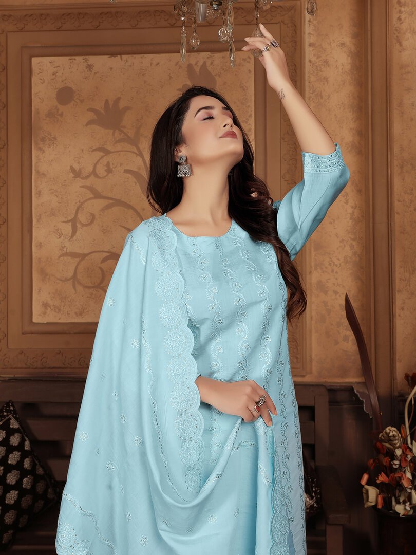 Gild Your Glamour with Sky Blue Chanderi Embroidered Suit Set image 4