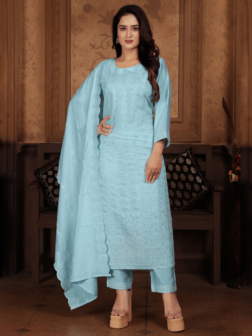 Gild Your Glamour with Sky Blue Chanderi Embroidered Suit Set image 2