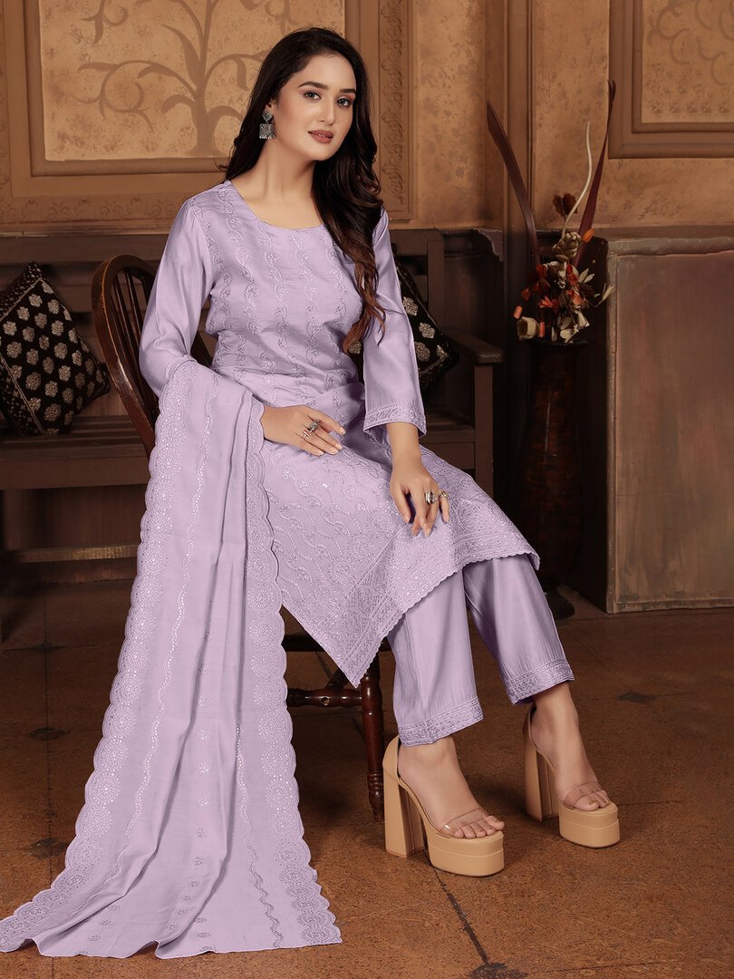Rock the Glam with Lavender Chanderi Embroidered Suit Set image 2