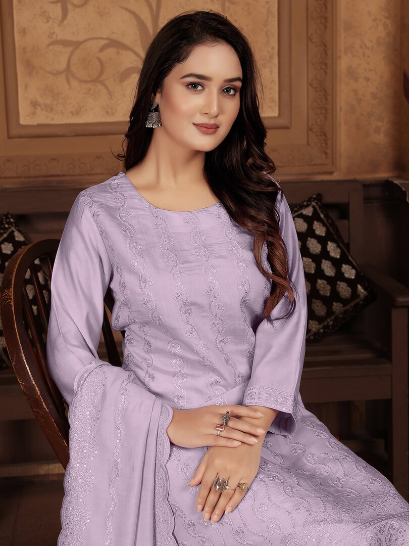 Rock the Glam with Lavender Chanderi Embroidered Suit Set image 3