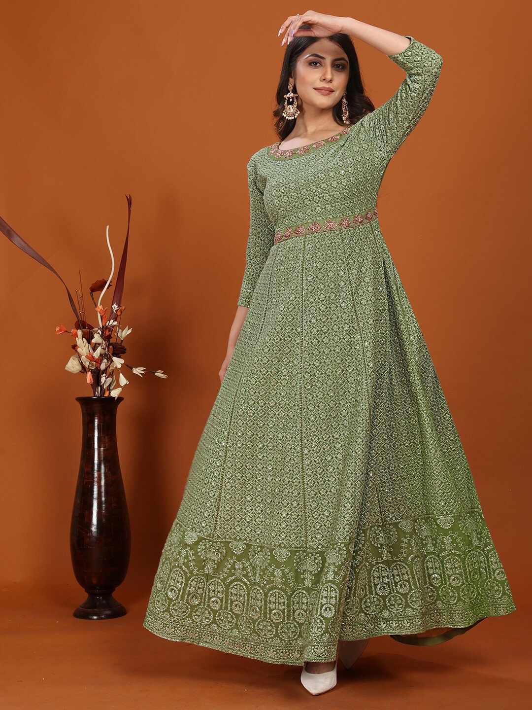 Refine Your Glow with Green Georgette Embroidered Gown With Dupatta image 2