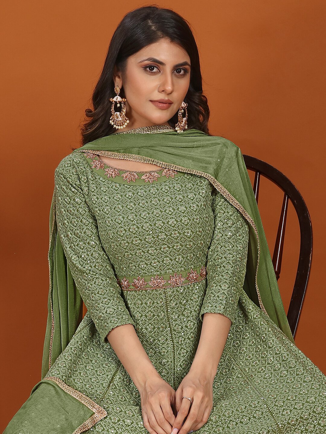 Refine Your Glow with Green Georgette Embroidered Gown With Dupatta image 3