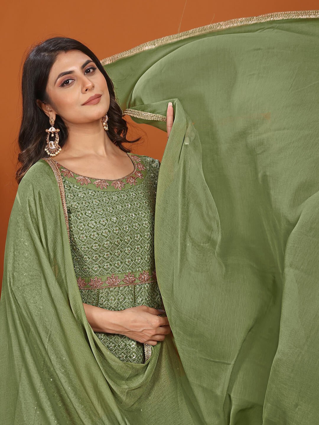 Refine Your Glow with Green Georgette Embroidered Gown With Dupatta image 4