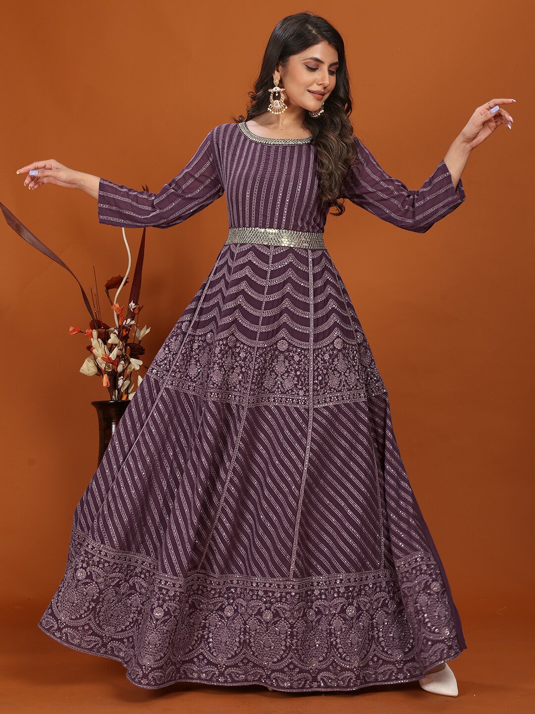 Time to Shine with Wine Georgette Embroidered Gown With Dupatta image 2