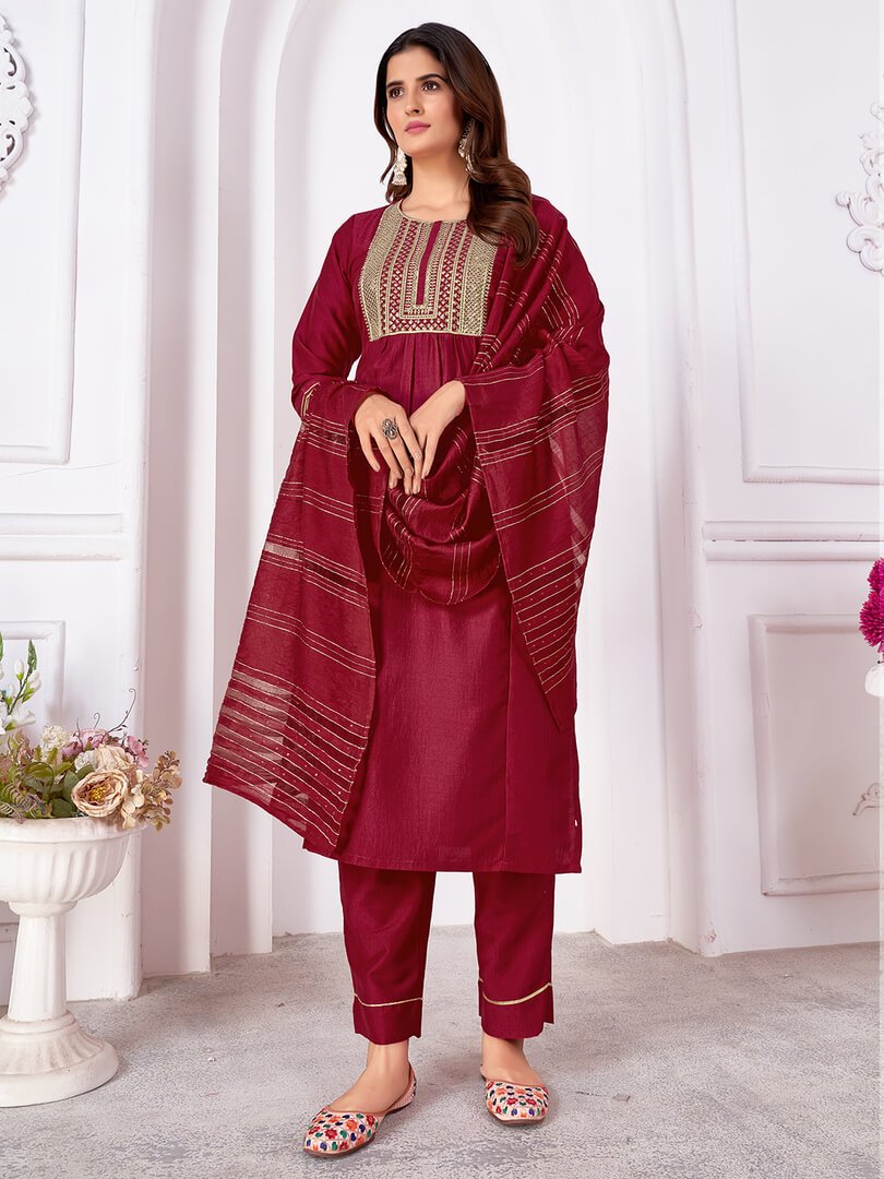 Turn Up the Glam with Maroon Banarasi Silk Embroidered Suit Set image 2