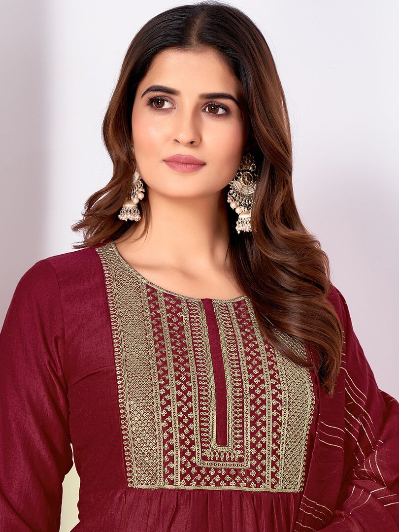 Turn Up the Glam with Maroon Banarasi Silk Embroidered Suit Set image 3