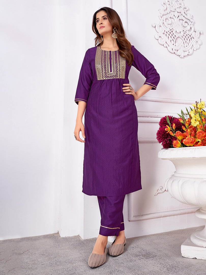 Gild Your Glamour with Purple Banarasi Silk Embroidered Suit Set image 2