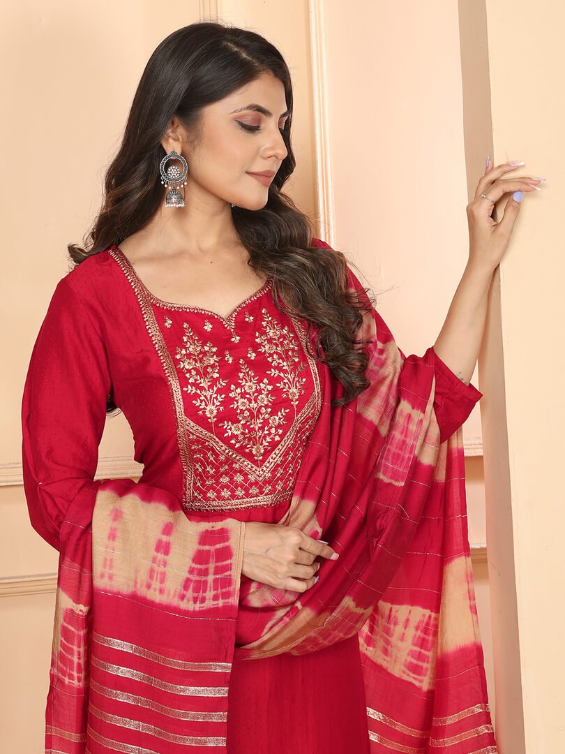 Enhance Your Shine with Red Embroidered Silk Suit Set image 4