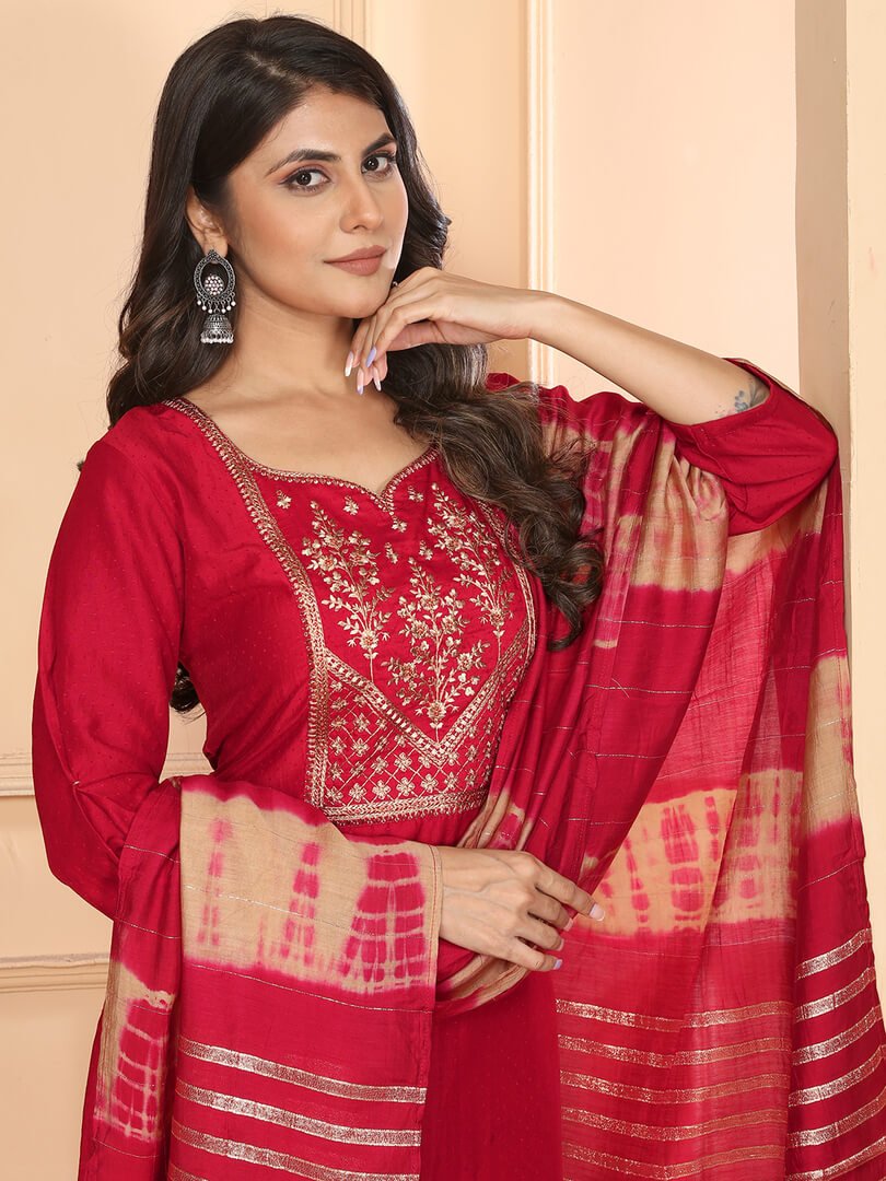 Enhance Your Shine with Red Embroidered Silk Suit Set image 3