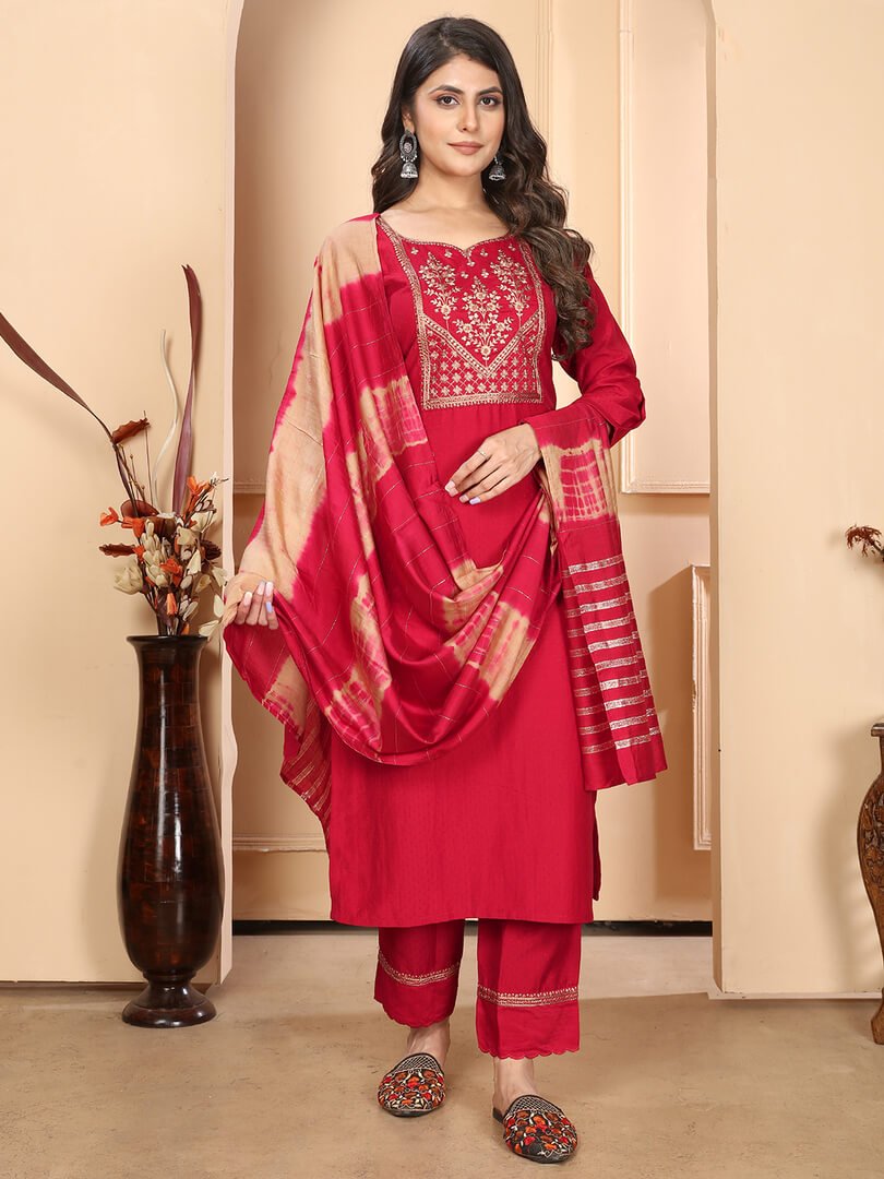 Enhance Your Shine with Red Embroidered Silk Suit Set image 2