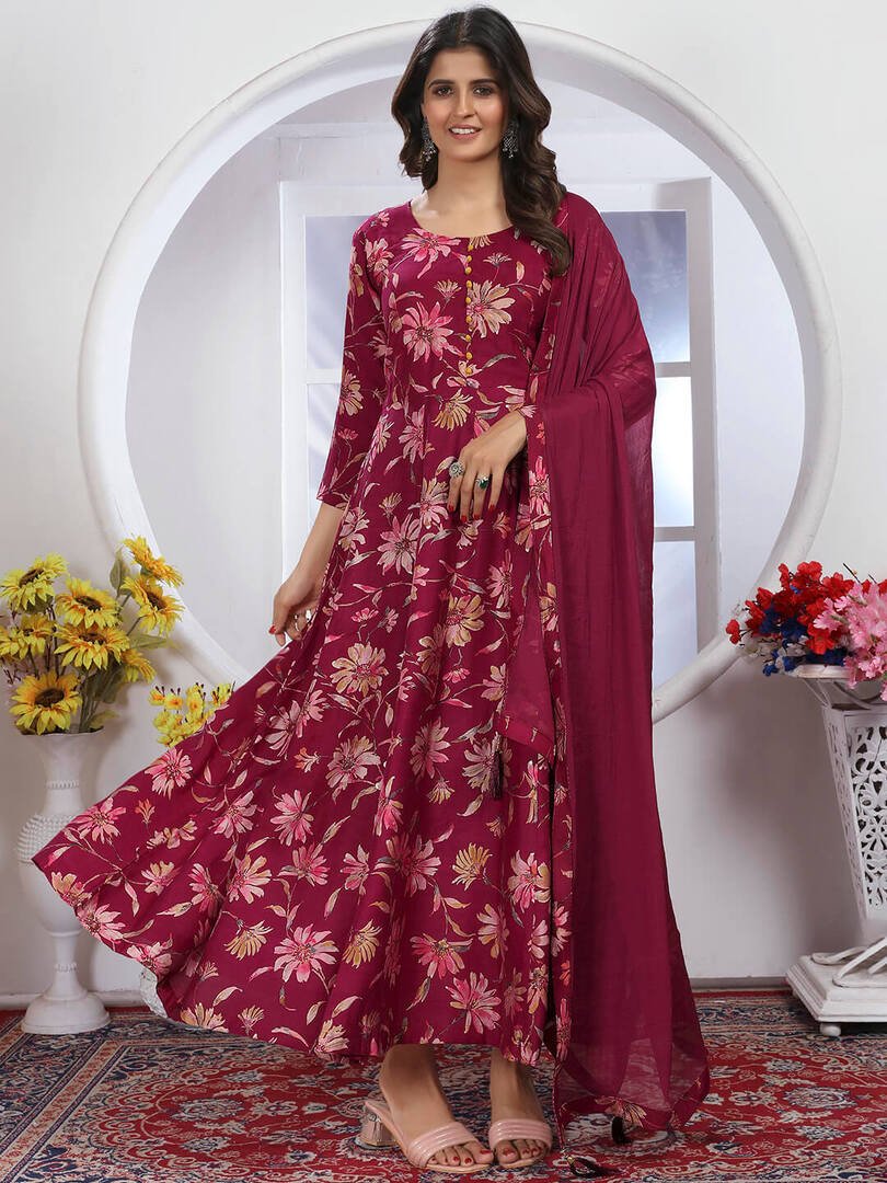 Shimmer and Shine with Rani Pink Chanderi Floral Printed Anarkali Kurta With Dupatta image 2