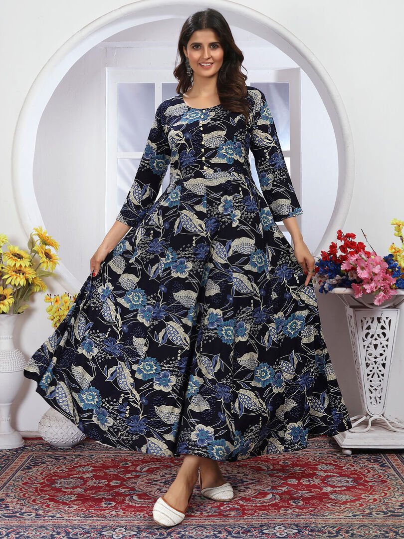 Elevate Your Look with Navy Blue Rayon Printed Kurta With Dupatta image 2