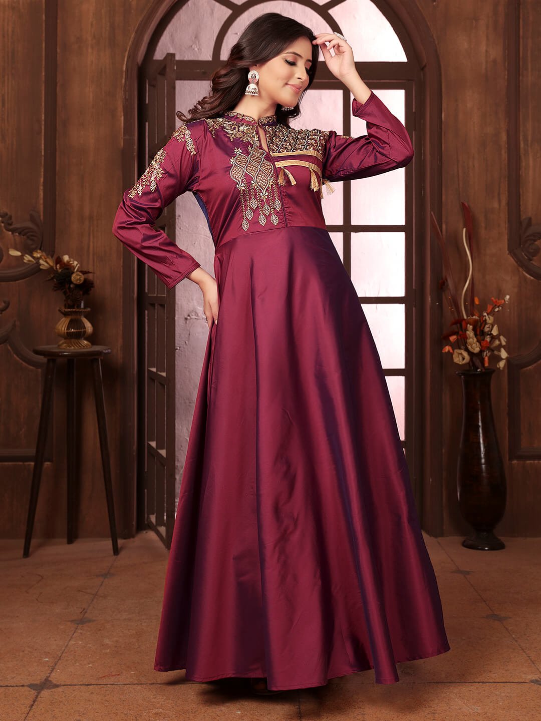 Feel the Glamour with Maroon Embroidered Silk Gown image 2