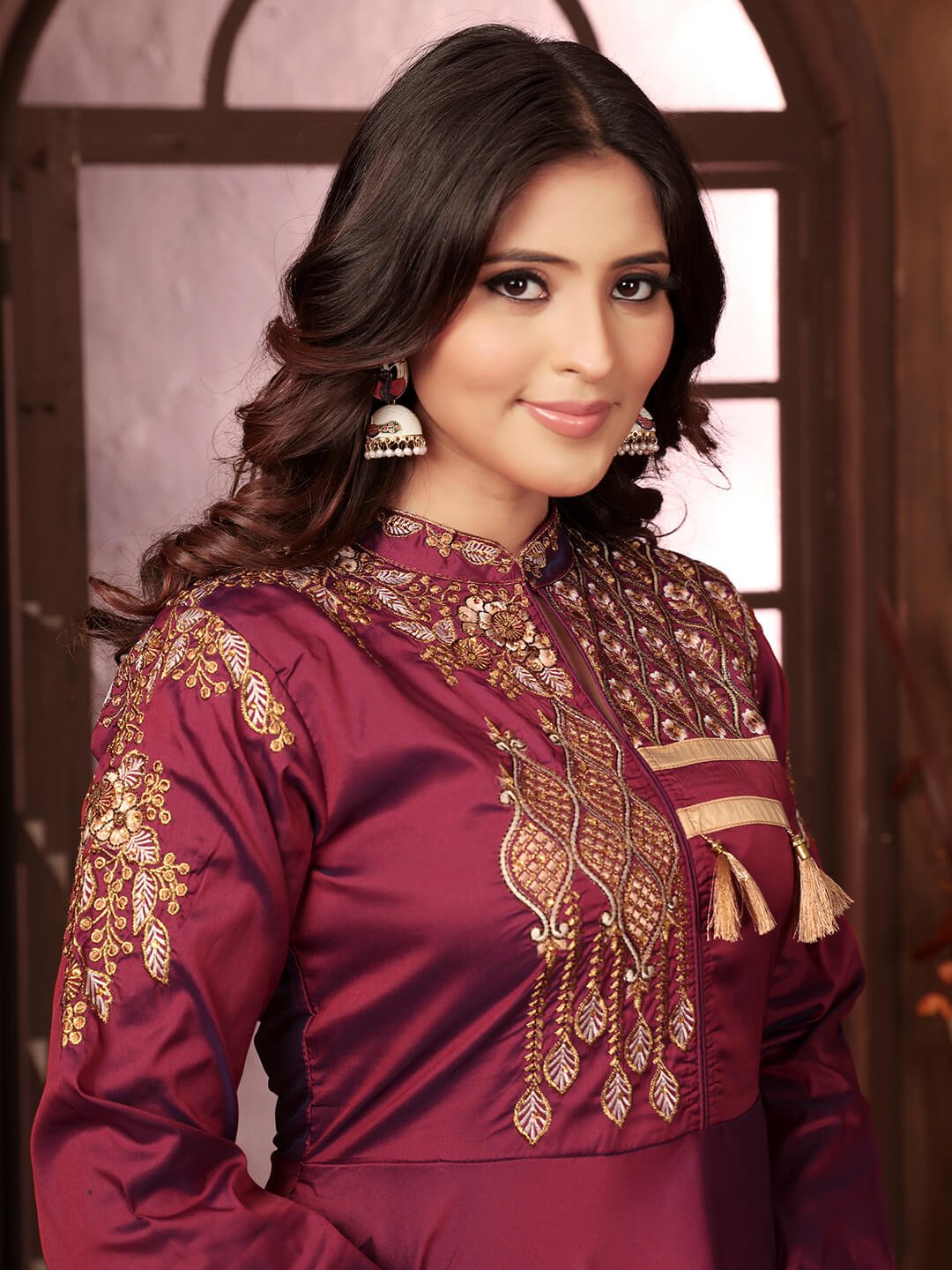 Feel the Glamour with Maroon Embroidered Silk Gown image 3