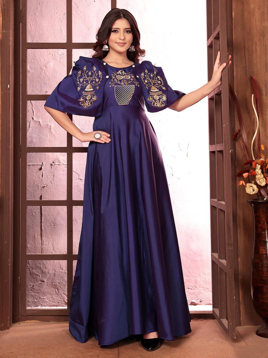 Gild Your Glamour with Blue Embroidered Silk Gown image 2