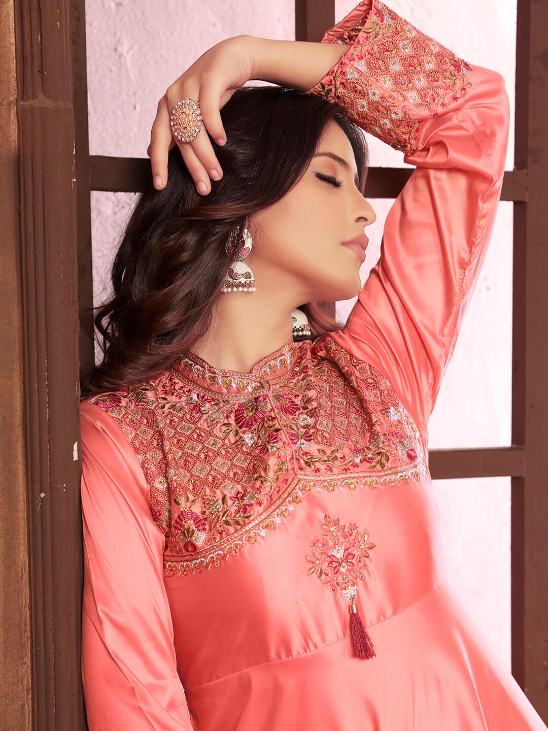 Refine Your Glow with Peach Embroidered Silk Gown image 3