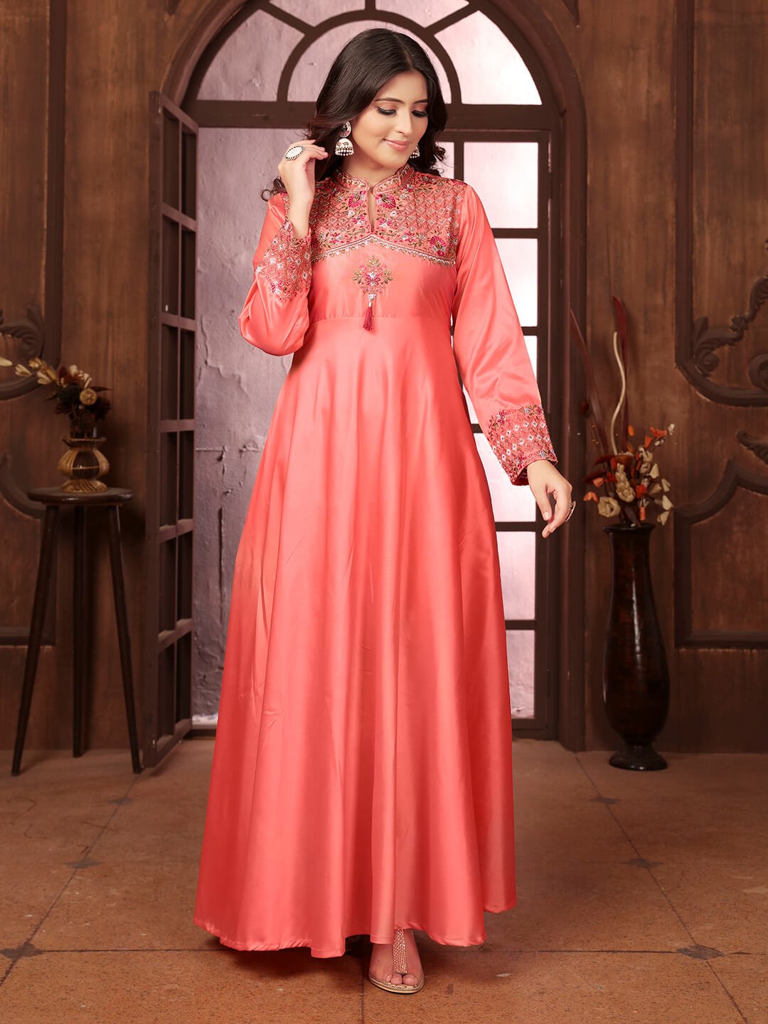 Refine Your Glow with Peach Embroidered Silk Gown image 2