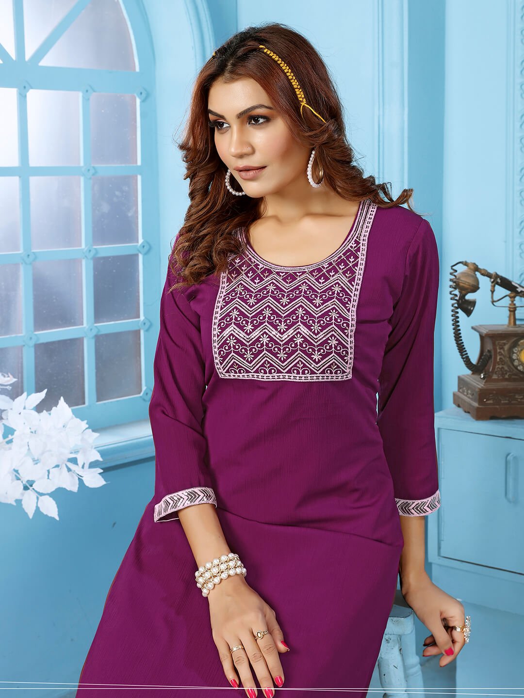 Shimmer and Shine with Purple Embroidered Cotton Kurti Pant Set image 3