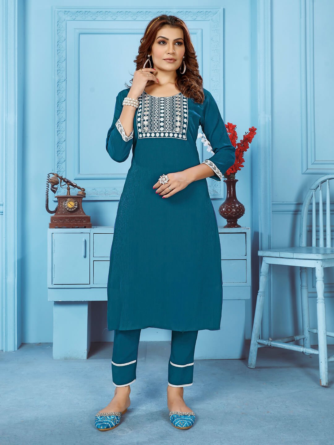 Step Into Elegance with Teal Blue Embroidered Cotton Straight Kurta Pant Set image 2