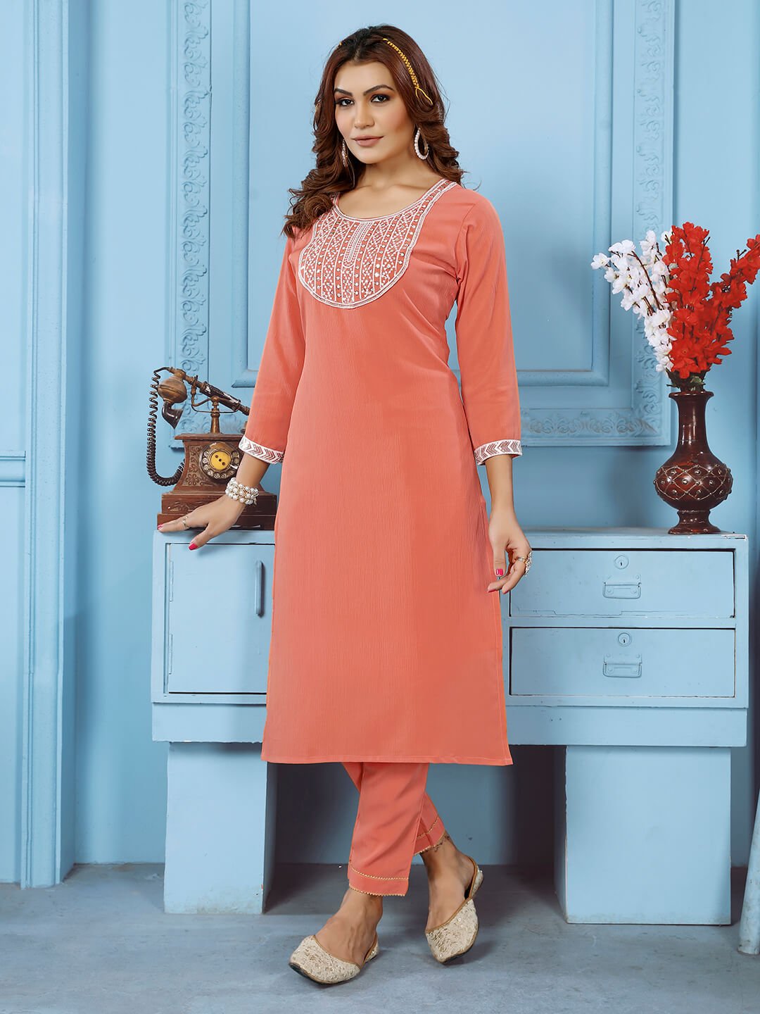 Enhance Your Shine with Peach Cotton Embroidered Kurta Pant Set image 2