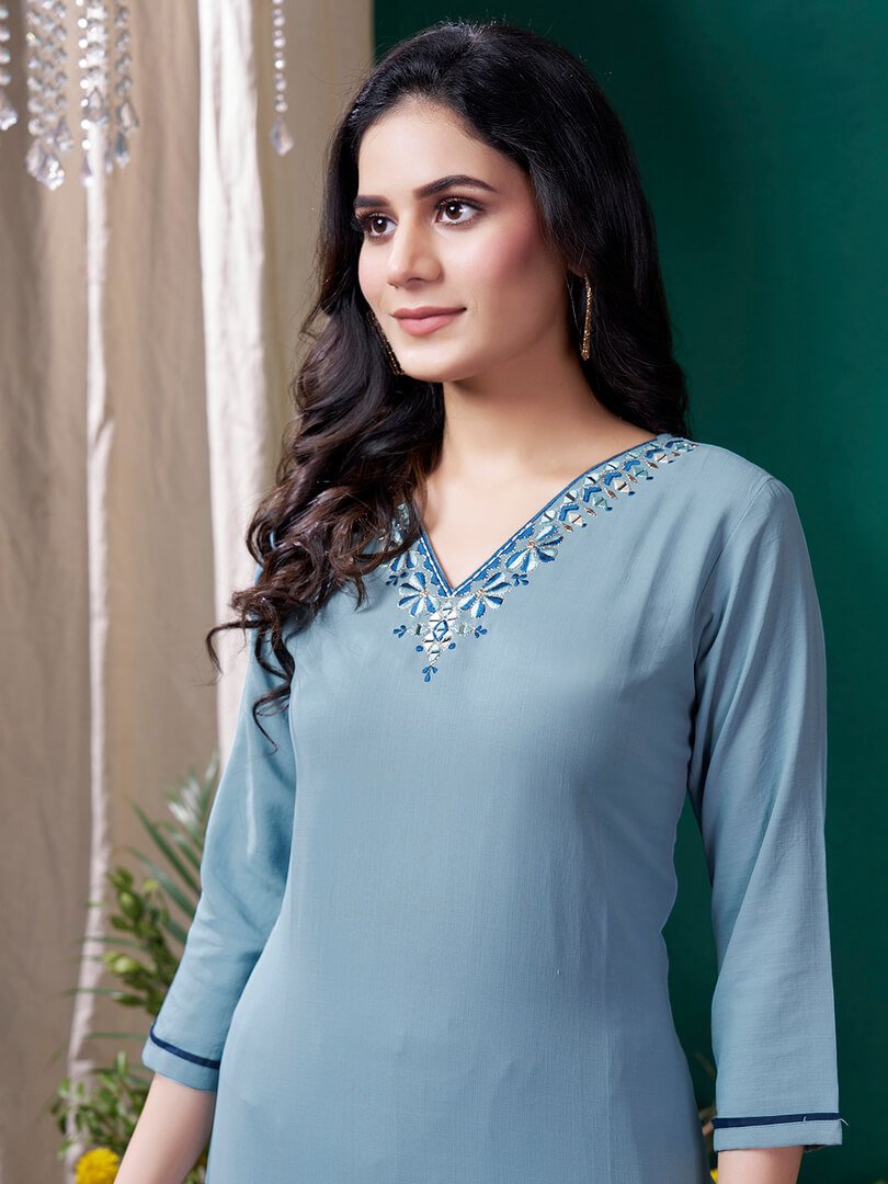 Gild Your Glamour with Grey Cotton Embroidered Kurta Pant Set image 3