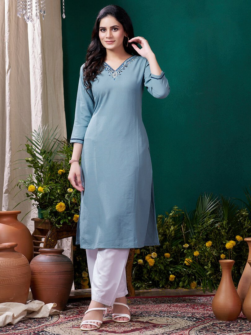 Gild Your Glamour with Grey Cotton Embroidered Kurta Pant Set image 2