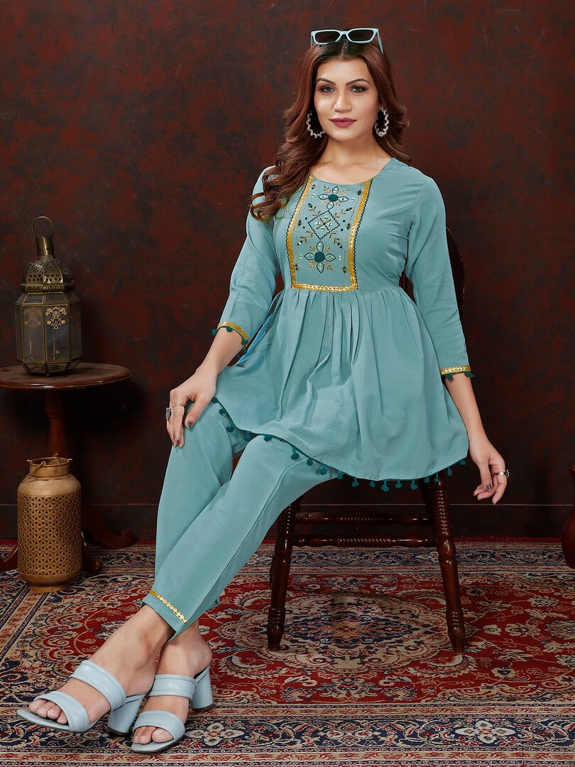 Step Into Fabulous with Sky Blue Cotton Handwork Co-Ord Set image 3