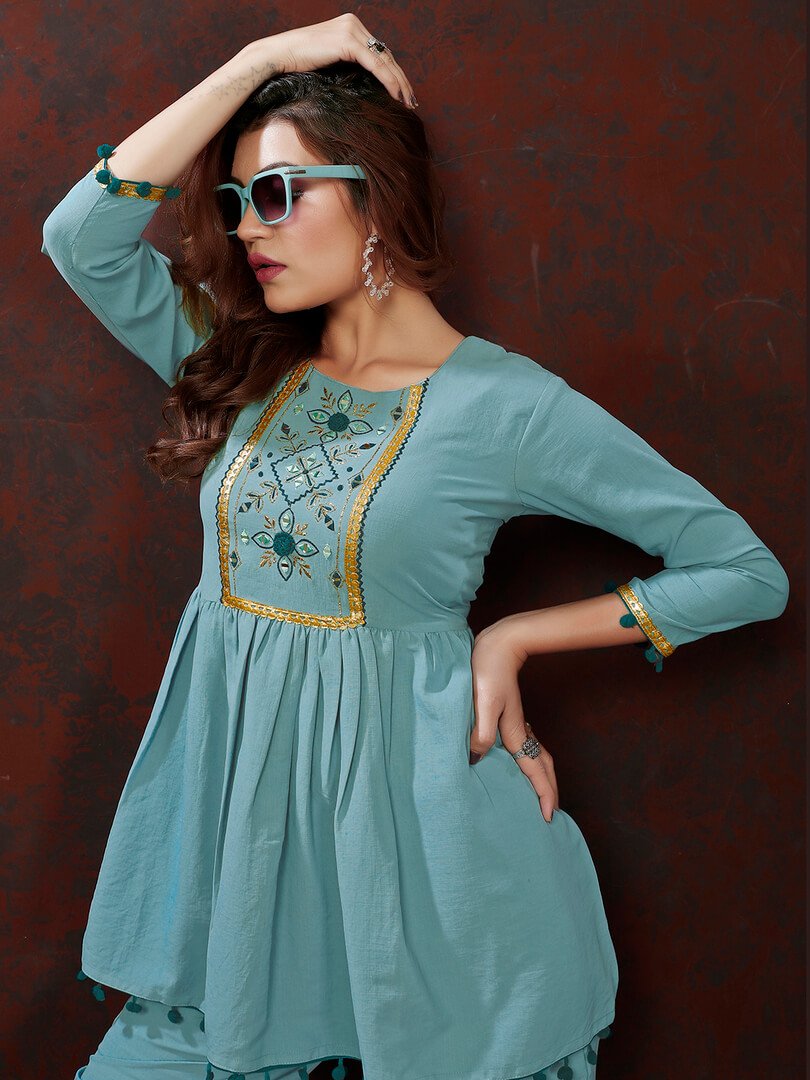 Step Into Fabulous with Sky Blue Cotton Handwork Co-Ord Set image 4