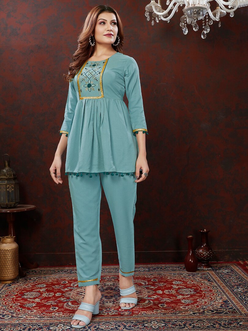 Step Into Fabulous with Sky Blue Cotton Handwork Co-Ord Set image 2