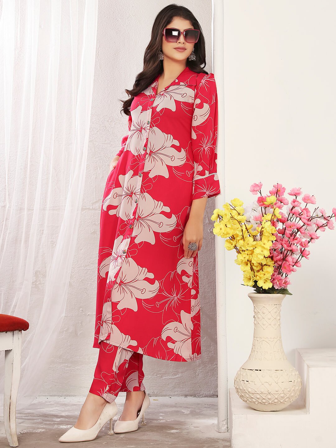 Step Into Elegance with Red Rayon Printed Co-Ord Set image 2