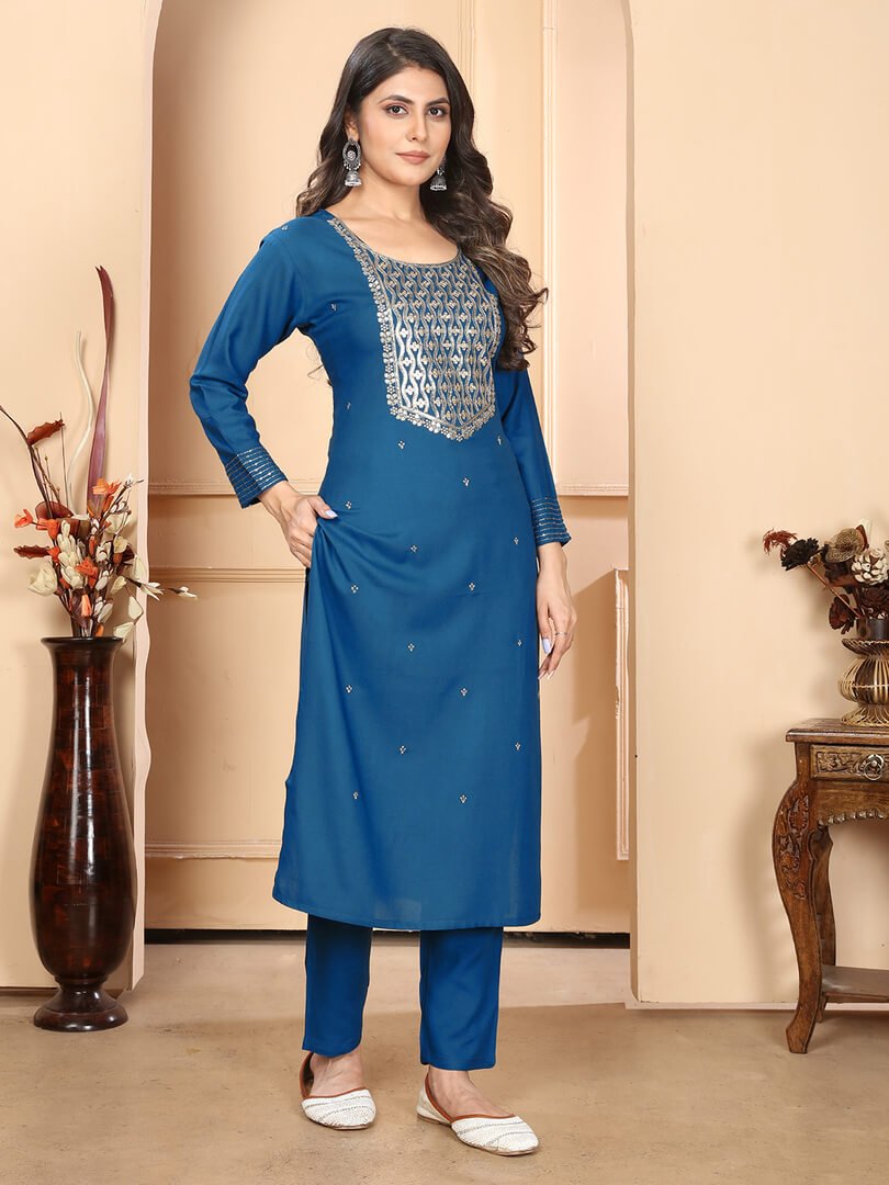 Get Your Glam On with Blue Rayon Embroidered Kurta With Pant And Chiffon Dupatta image 2